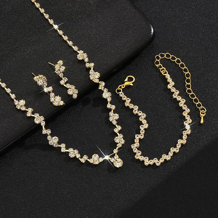 Wedding Jewelry Sets for Brides Silver Rhinestone Necklaces Earring Bracelet Set Wedding Sets for Women Prom Jewelry Sets for Women