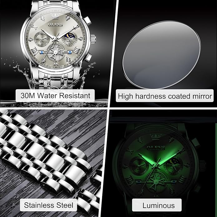 OLEVS Men Watches Stainless Steel Chronograph Watch, Large Wrist Analog Quartz Watch, Fashion Waterproof Diamond Roman Numerals Dress Watches for Men, Gold/Black/White/Blue/Grey Dial