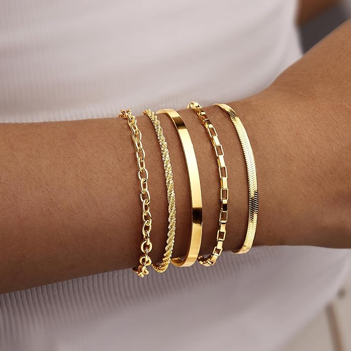 Dainty Thin Gold Bracelet for Women Stack, 14K Gold Plated Bracelet Stackable Set with Bangle Cuff, Box, Herringbone, Paperclip, Figaro, Sparkling Link Chains, Simple Waterproof Non Tarnish Minimalist Gifts for Women Trendy