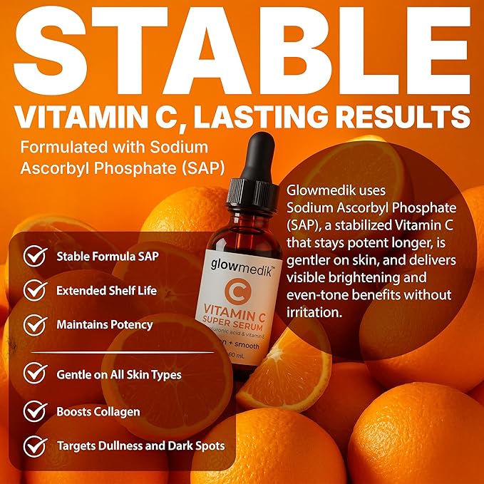 GlowMedik Vitamin C Serum for Face – Brighten + Smooth Vit C Serum with Hyaluronic Acid, Vitamin E & MSM, Hydrates & Firms Dull or Uneven Skin for a Radiant, Youthful-Looking Glow, 60ml