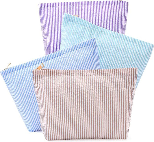 Sanwuta 4 Pcs Seersucker Cosmetic Bag Seersucker Makeup Bag Women Stripe Large Travel Toiletry Organizer Preppy Storage Pouch for Wedding Bridesmaid Bride Mom(Blue, Khaki, Purple, Lake Blue)