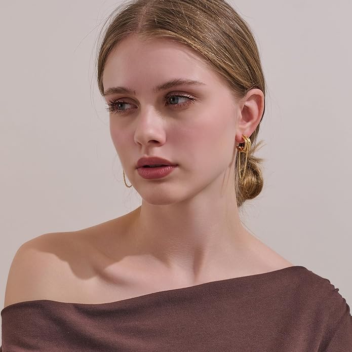 Tassel Chain Hoop Earrings for Women Trendy Two Tone Dangling Chain Earrings Hypoallergenic Fashion Jewelry Gifts