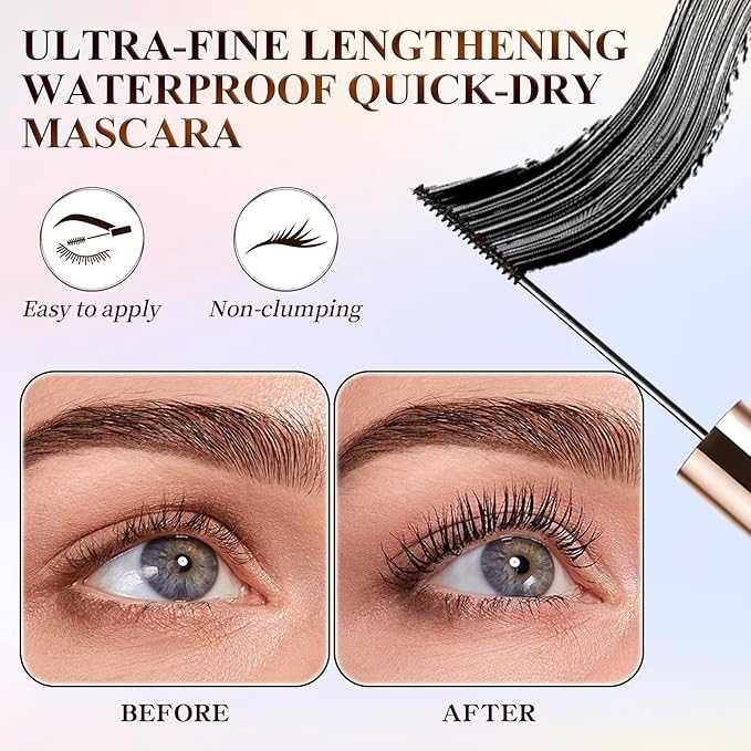 Ultra-Fine Lengthening Waterproof Quick-Dry Mascara, Ultimate Length Volumizing Lashes, for Tiny and Lower Eyelashes & Older Women, Waterproof, Smudge-Proof, Clump-Proof (Black)