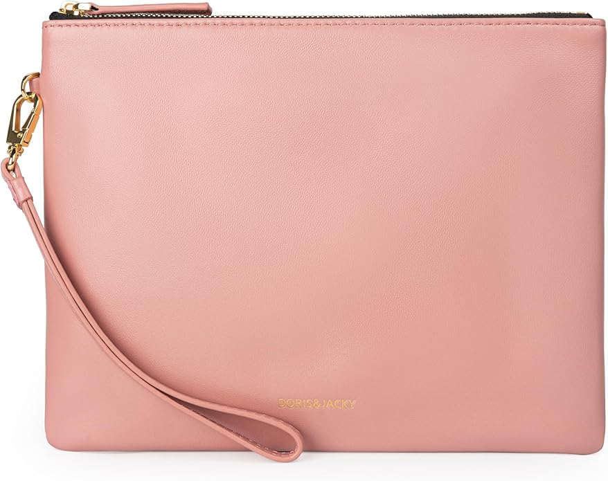 DORIS&JACKY Lambskin Leather Wristlet Clutch Purse for Women Soft Designer Slim Cell Phone Pouch Bag with Detachable Strap