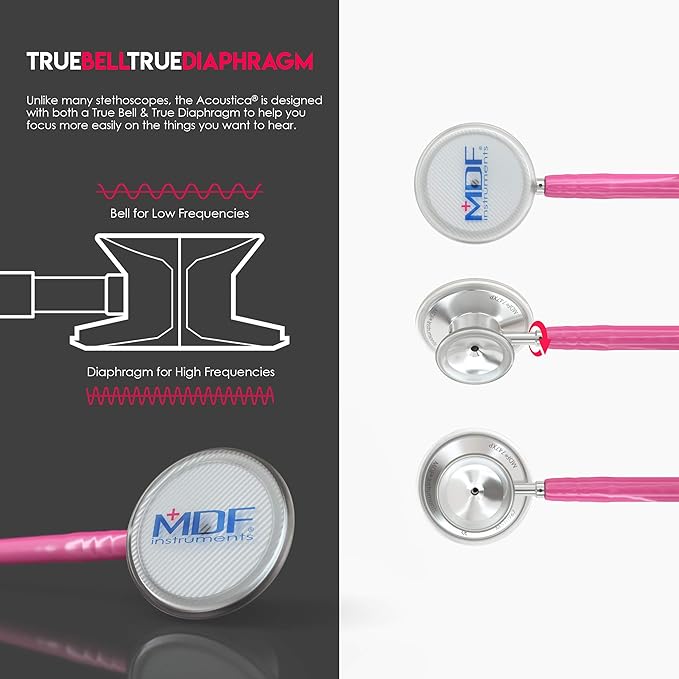 MDF Instruments, Acoustica Lightweight Stethoscope for Doctors, Nurses, Students, Home Health Use, Adult, Dual Head, Fuchsia Tube, Silver Chestpiece-Headset, MDF747XP32