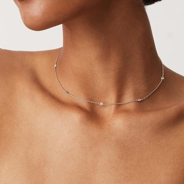PAVOI 14K Gold Plated Station Necklace - Simulated Diamond Layering Necklaces - Womens CZ Chain