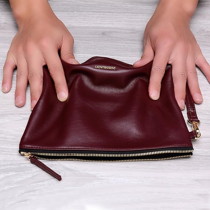 DORIS&JACKY Lambskin Leather Wristlet Clutch Purse for Women Soft Designer Slim Cell Phone Pouch Bag with Detachable Strap