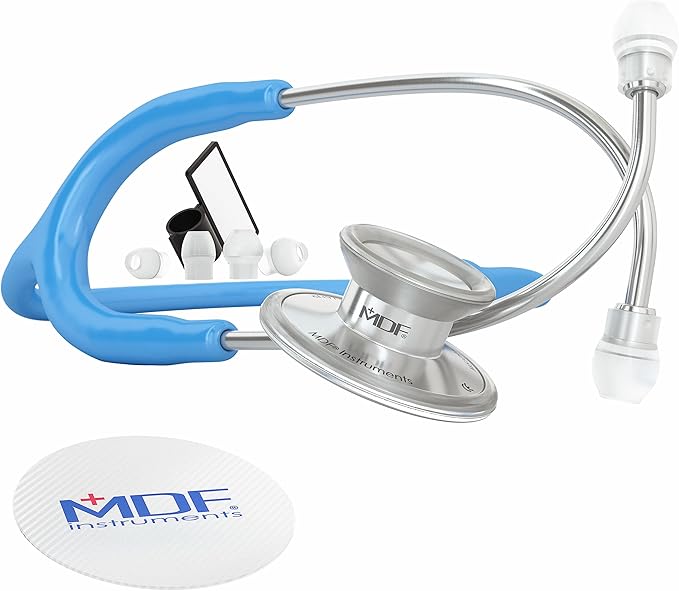MDF Instruments, Acoustica Lightweight Stethoscope for Doctors, Nurses, Students, Home Health Use, Adult, Dual Head, Bright Blue Tube, Silver Chestpiece-Headset, MDF747XP14