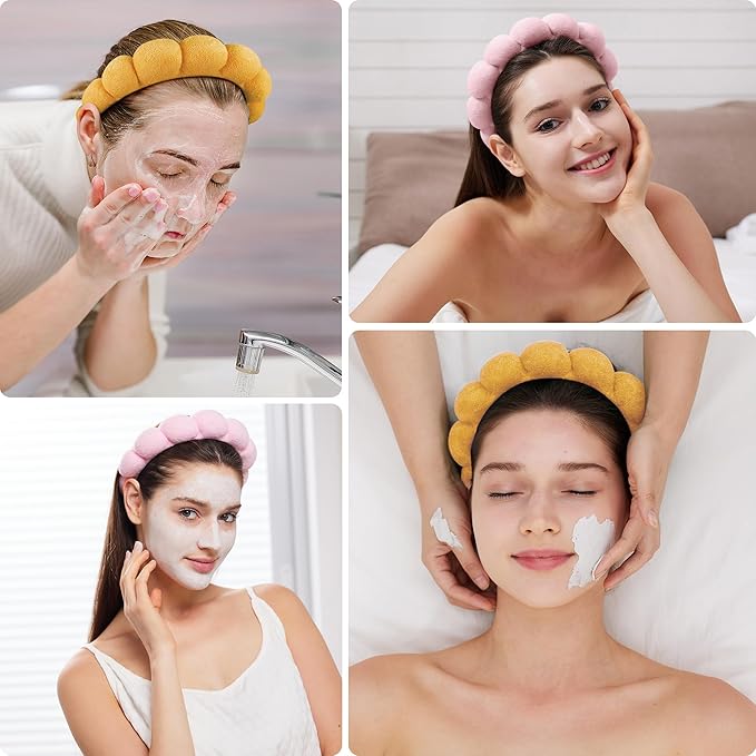 Headbands for Washing Face, Set of 2 - Terry Cloth Spa Headband for Facial, Makeup, Skincare, Puffy Headbands for Face Washing & Masks(Pink + Khaki)