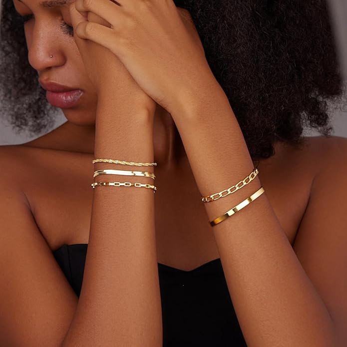 Dainty Thin Gold Bracelet for Women Stack, 14K Gold Plated Bracelet Stackable Set with Bangle Cuff, Box, Herringbone, Paperclip, Figaro, Sparkling Link Chains, Simple Waterproof Non Tarnish Minimalist Gifts for Women Trendy