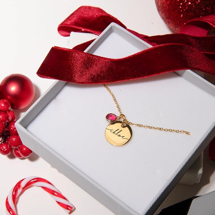 MignonandMignon Birthstone Name Necklace Personalized Gifts for Women Jewelry for Mom Gold Plated Pendant Charm, Custom Grandma Birthday Holiday Gifts -CN-BS-SH