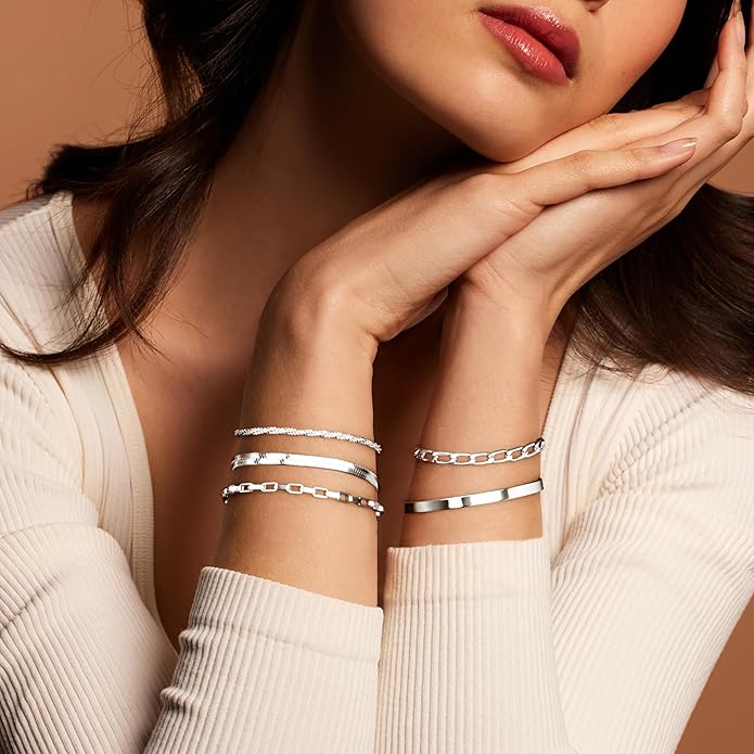 Dainty Thin Gold Bracelet for Women Stack, 14K Gold Plated Bracelet Stackable Set with Bangle Cuff, Box, Herringbone, Paperclip, Figaro, Sparkling Link Chains, Simple Waterproof Non Tarnish Minimalist Gifts for Women Trendy