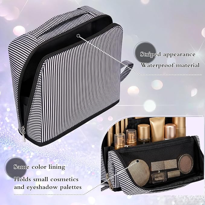 Striped Makeup Bag Large Cosmetic Bags for Women Gift with Brush Loops Mesh Pocket Wrist Strap Travel Organizer Storage Pouch Toiletry Case with Divider for Mirror(Black)