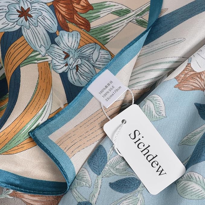 100% Mulberry Silk Scarf for Women Neck Oblong Headscarves Long Floral Print Lightweight Silk Wraps Shawls 67"*20"