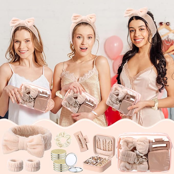 Spa Party Favors Pink Sleepover Party Supplies Bow Headband Wristband Scrunchies Hair Clip Jewelry Case Makeup Bag Mirror for Women Bridesmaid Return Gifts(Beige,96 Pcs)