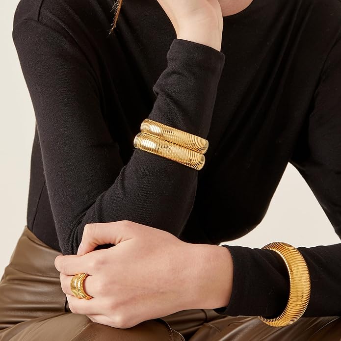 MISS RIGHT Gold Chunky Stretch Snake Chain Bangle Bracelets Stack for Women Trendy, 18K Gold Filled Stainless Steel Stretchy Womens Stackable Wristband Bangles Bracelet Set