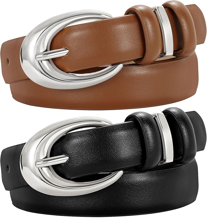 TRIWORKS 2 Pack Women Leather Belt for Jeans Pants Fashion Ladies Skinny Faux Leather Belt with Gold Buckle