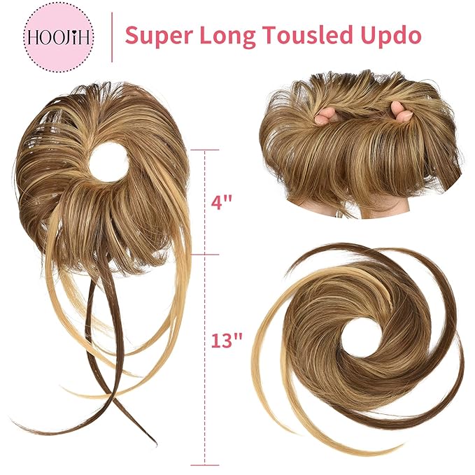 HOOJIH Messy Bun Hair Piece - Super Long Wavy Hair Wrap Ponytail Extensions, Wrap Scrunchies with Elastic Band - Grace - Medium Brown with Blonde Highlights