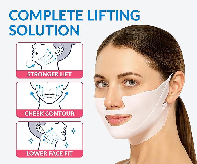 Stylia MaxiLift V-Line Lifting Collagen Face Mask - Double Chin Strap - Jawline Shaper - Neck Firming and Tightening Mask with Hyaluronic Acid & Aloe Vera - Chin Strap for Sleeping (5PC)
