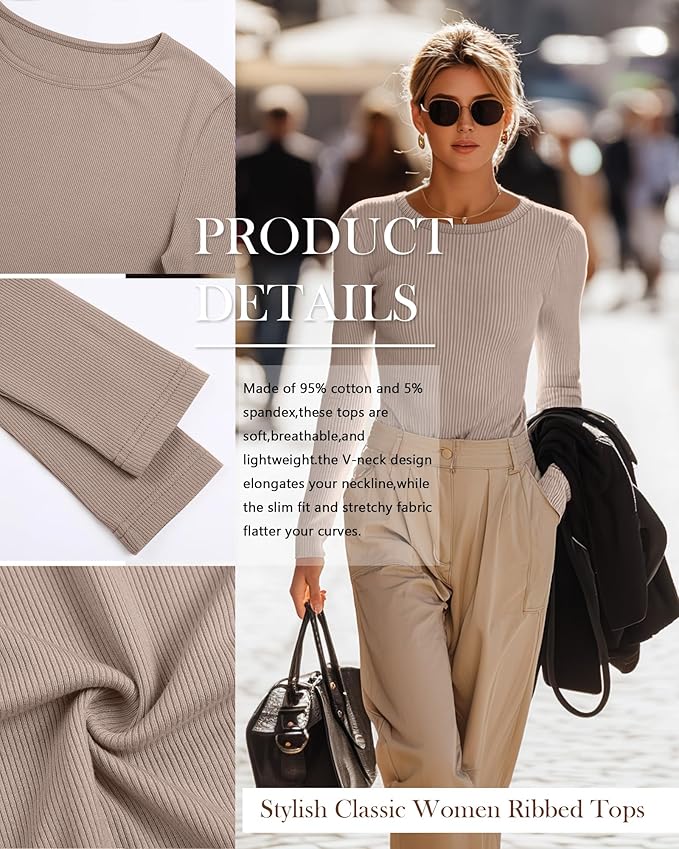 Neer 4 Pack Women's Ribbed Long Sleeve Shirts, Cotton Crew Neck Slim Fit Tops Stretch Knit Casual Base Layer Basic Tee Shirts