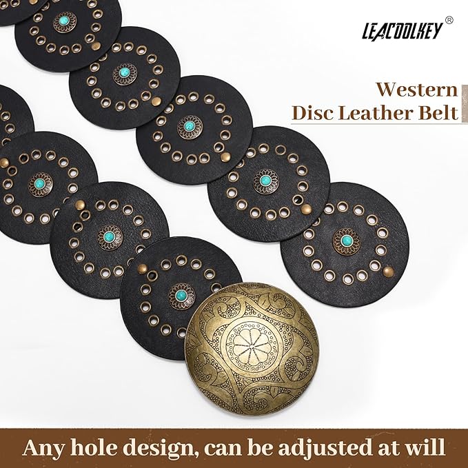 LEACOOLKEY Women's Boho Disc Belt Wide Western Leather Belt Vintage Concho Waist Belts for Dress Jeans