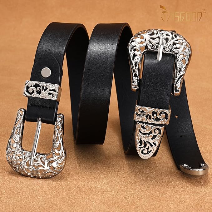 JASGOOD Double Buckle Western Belts For Woman Cowgirl Country Belt Vintage Black Leather Belt For Jeans Pants Dresses