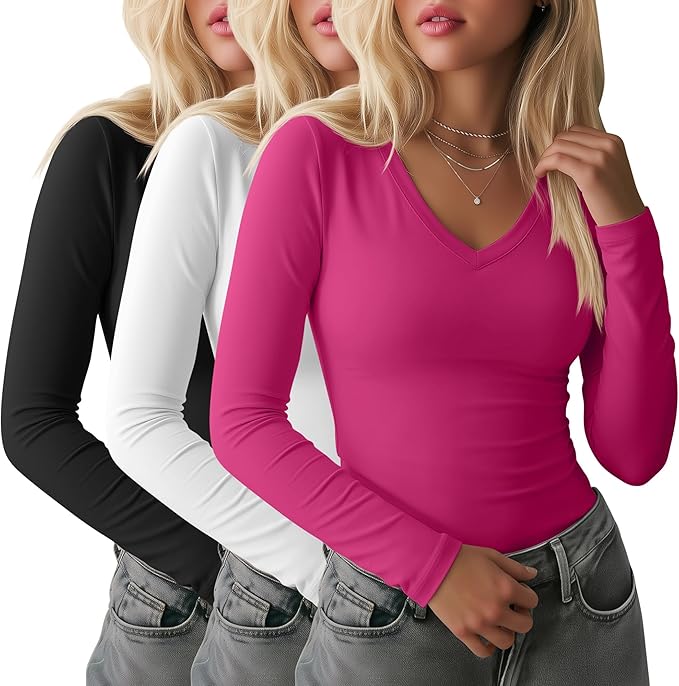 Ficerd 3 Pack Women's Long Sleeve Shirts, V Neck Basic Tees Slim Fitted Casual Fall Tops Going Out Blouses T Shirts