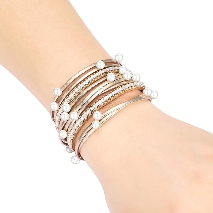Fesciory Leather Wrap Bracelets for Women, Boho Leopard Multi-Layer Crystal Beads Cuff Bracelet Jewelry
