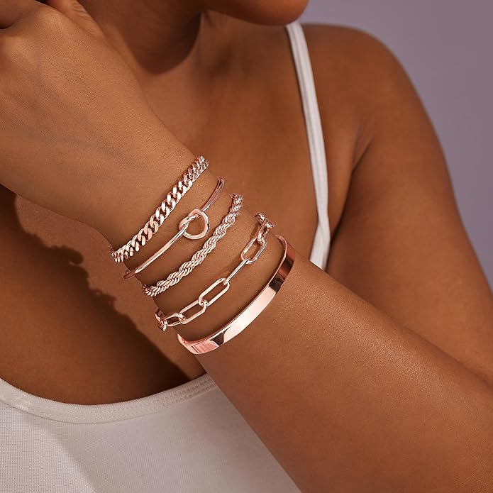 Gold Bracelets Set for Women Non Tarnish, 14K Gold Plated Sterling Silver Chunky Cuff Bracelet Stackable Gold Bangles Bracelet for Women Trendy Fashion Accessories Tie Knot Cuban Rope Paperclip Beaded Bracelet Stack Jewelry Valentines Day Gifts