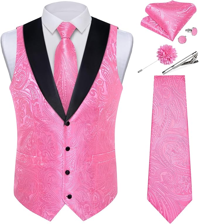 DiBanGu Mens Paisley Suit Vest Silk Jacquard Waistcoat and Necktie Set Formal Shawl Collar Dress Vest 7PCS for Wedding Party