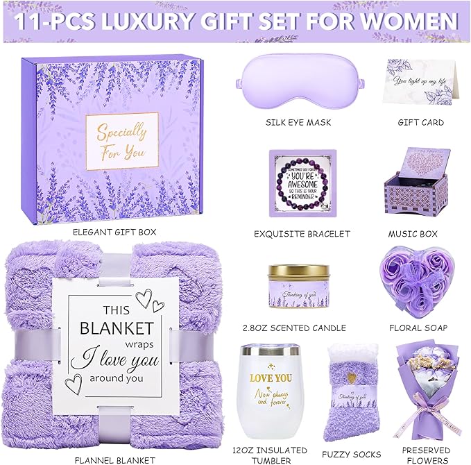 Valentines Day Gifts for Women, Self Care Gifts Spa Basket Set for Women Get Well Soon Gifts with Flannel Blanket, Thinking of You Valentine's Day Gifts for Her Mom Girlfriend Sister Wife