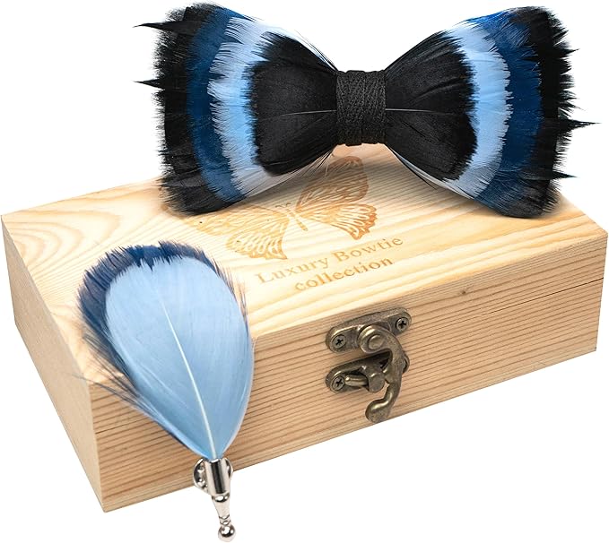 RBOCOTT Handmade Feather Pre-tied Bow tie and Brooch Sets for Men
