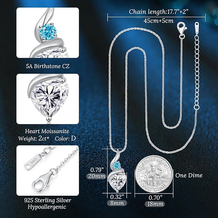 ANDSO Moissanite Heart Pendant Necklaces for Women, 925 Sterling Silver Necklace with Birthstone, Ideal Anniversary Present or Birthday Christmas Valentine Jewelry Gifts for Mom Wife Her Girlfriend