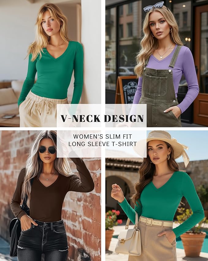 Ficerd 3 Pack Women's Long Sleeve Shirts, V Neck Basic Tees Slim Fitted Casual Fall Tops Going Out Blouses T Shirts