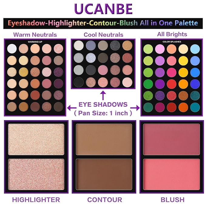 UCANBE Eyeshadow Palette with 15Pcs Brushes Makeup Set, Pigmented 86 Colors Make Up Sets Valentine's Day Gift, Matte Shimmer Glitter Eye Shadow Pallet Highlighter Contour Blush Powder Brush Beauty Kit