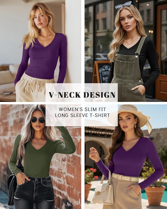 Ficerd 3 Pack Women's Long Sleeve Shirts, V Neck Basic Tees Slim Fitted Casual Fall Tops Going Out Blouses T Shirts