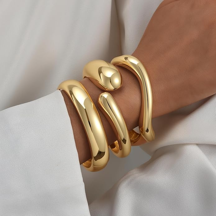 iF YOU Chunky Gold Bangle Bracelets for Women, 14k Gold Plated Multi Layer Stackable Cuff Bracelet Set, Trendy Statement Bracelet Stack Jewelry Gifts