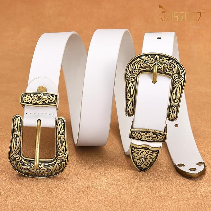 JASGOOD Double Buckle Western Belts For Woman Cowgirl Country Belt Vintage Black Leather Belt For Jeans Pants Dresses
