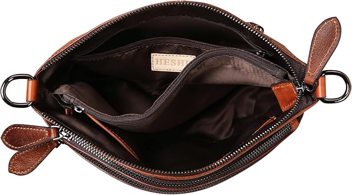 HESHE Crossbody Bags for Women Genuine Leather Purses with Multi-Pockets Vintage Ladies Small Shoulder Satchel Bag