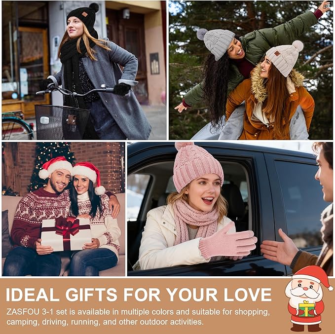 Womens Winter Beanie Hats Scarf Touchscreen Gloves Set Chenille Knit Fleece Lined Beanies Pompom Hat Scarves