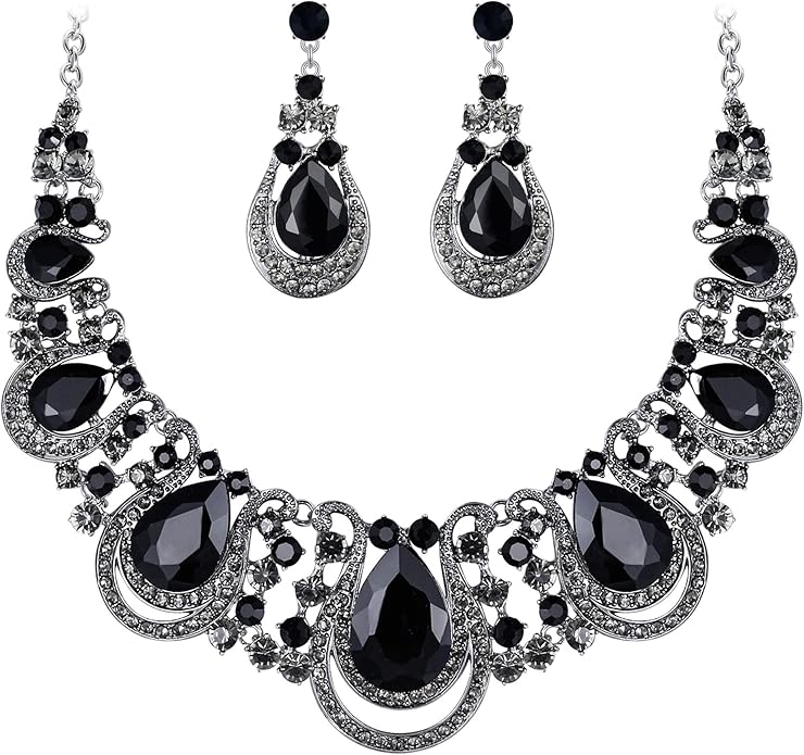 BriLove Women's Costume Fashion Crystal Teardrop Hollow Scroll Statement Necklace Dangle Earrings Set