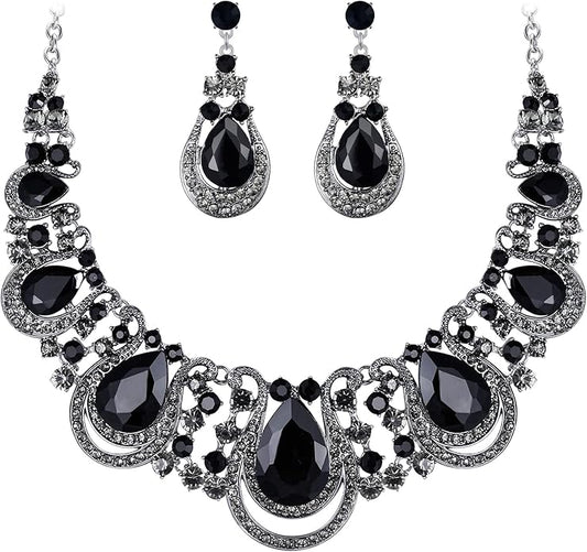 BriLove Women's Costume Fashion Crystal Teardrop Hollow Scroll Statement Necklace Dangle Earrings Set