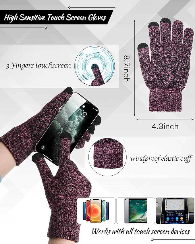 6 Pieces Women Men Knit Winter Warm Beanie Hat Touchscreen Gloves Scarf Set Fleece Lining Skull Caps Neck Scarves (Black, Wine Red)