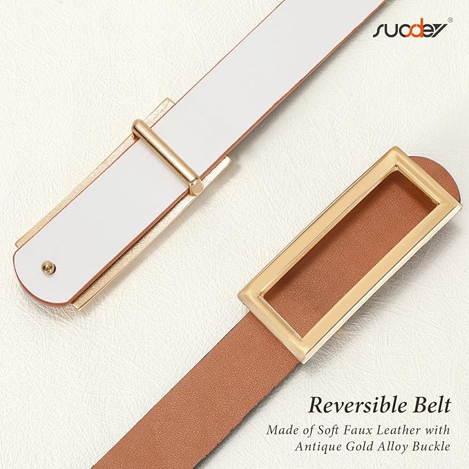 SUOSDEY Women Reversible Leather Belts for Jeans Pants Dresses Ladies Fashion Belts with Gold Buckle, 0.9" Width