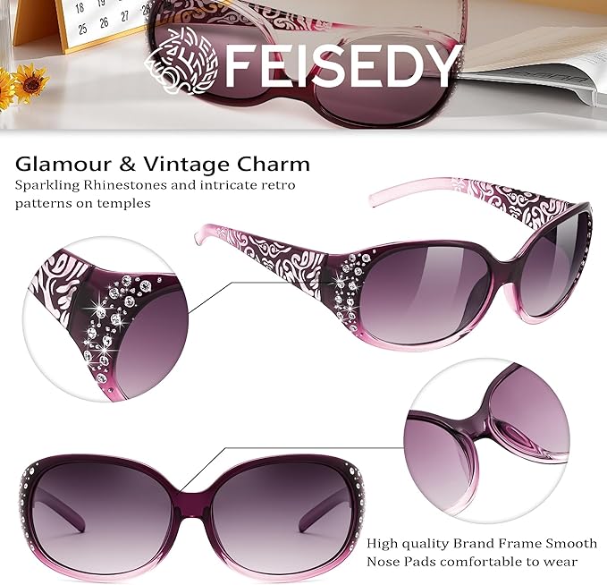 FEISEDY Women's Polarized Sunglasses Wrap Around Rhinestone Design Fashion Sunnies UV400 Protection B1091