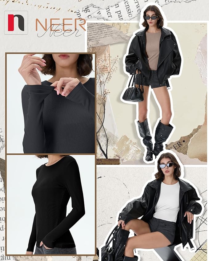Neer 4 Pack Women's Ribbed Long Sleeve Shirts, Cotton Crew Neck Slim Fit Tops Stretch Knit Casual Base Layer Basic Tee Shirts