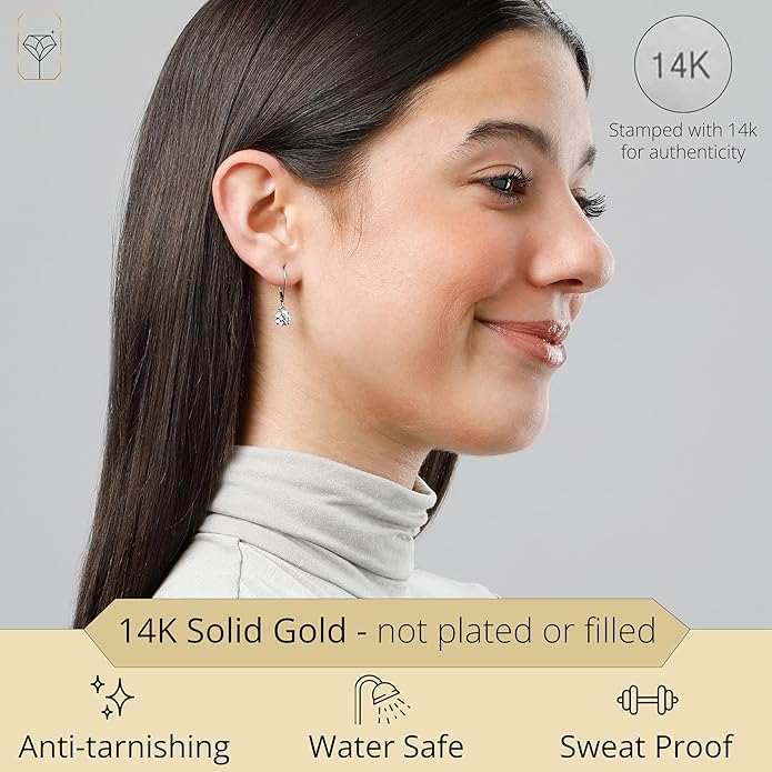 14k Gold Leverback Cubic Zirconia Dangle Earrings | Solid Real White or Yellow Gold Dangle Earrings for Women | 1-8 CT.TW 14k Gold Earrings for Women | CZ Cubic Zirconia Drop Earrings by MAX + STONE