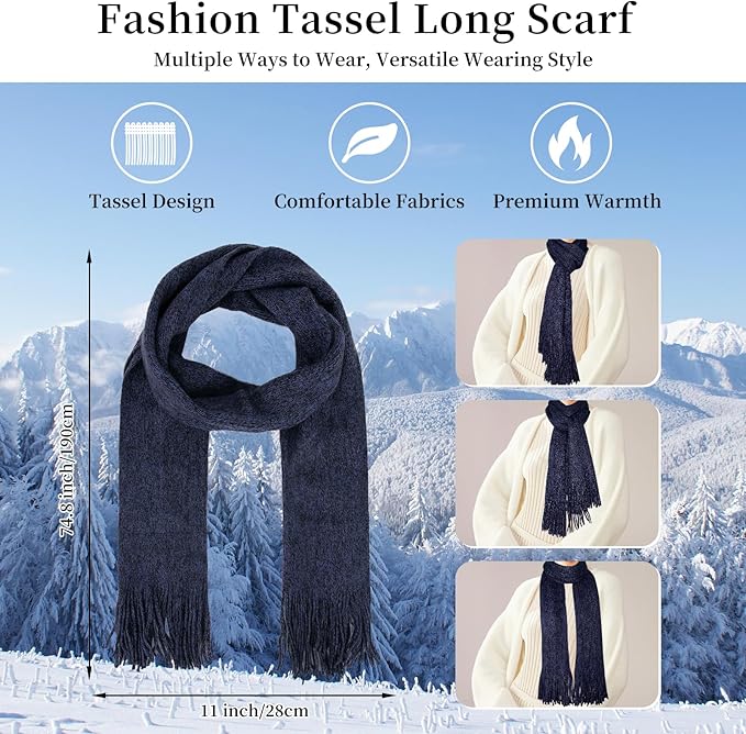 Winter Warm Beanie Hat Touchscreen Gloves Long Scarf Set for Women with Headband, Knit Cap Scarves with Tassel for Women