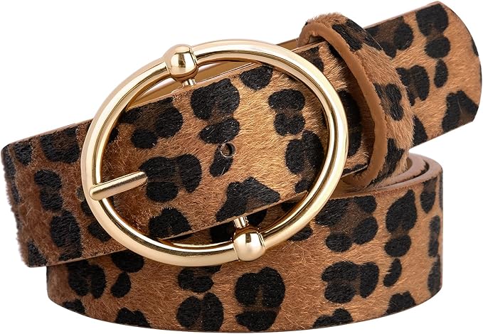 Women’s Leopard Print Leather Belts for Women, Cheetah Print Belt with Gold Buckle, Width 1.46"