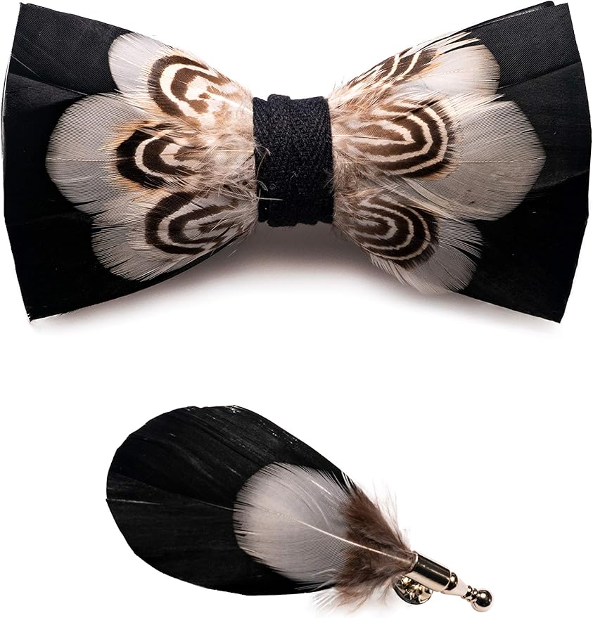 RBOCOTT Handmade Feather Pre-tied Bow tie and Brooch Sets for Men